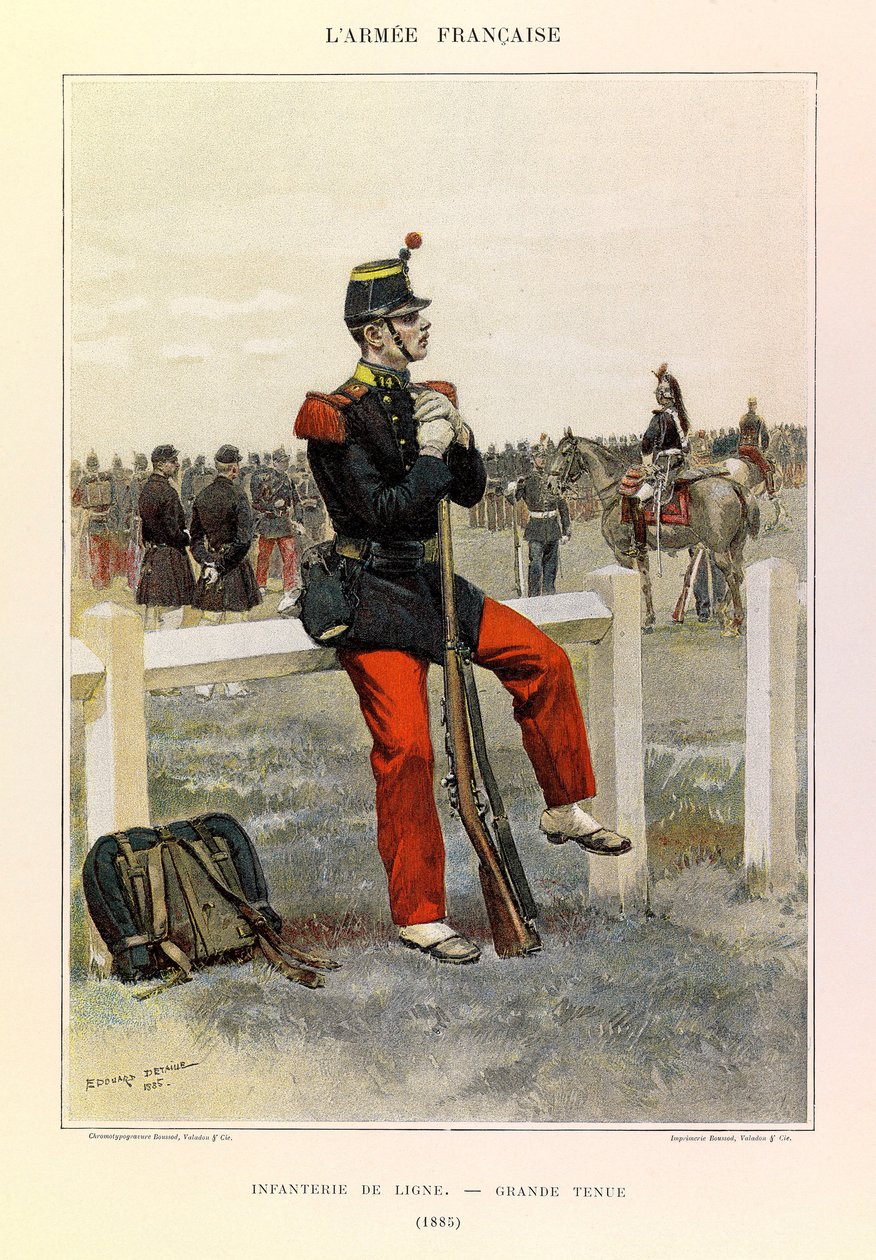 Tipos e uniformes da Armadura Francesa do Capitão Jules Richard, ilustrados por Edouard Detaille (1848-1912): Infantaria de linha em grande estilo em 1885, Coleção Parcial de Jean Baptiste Edouard Detaille