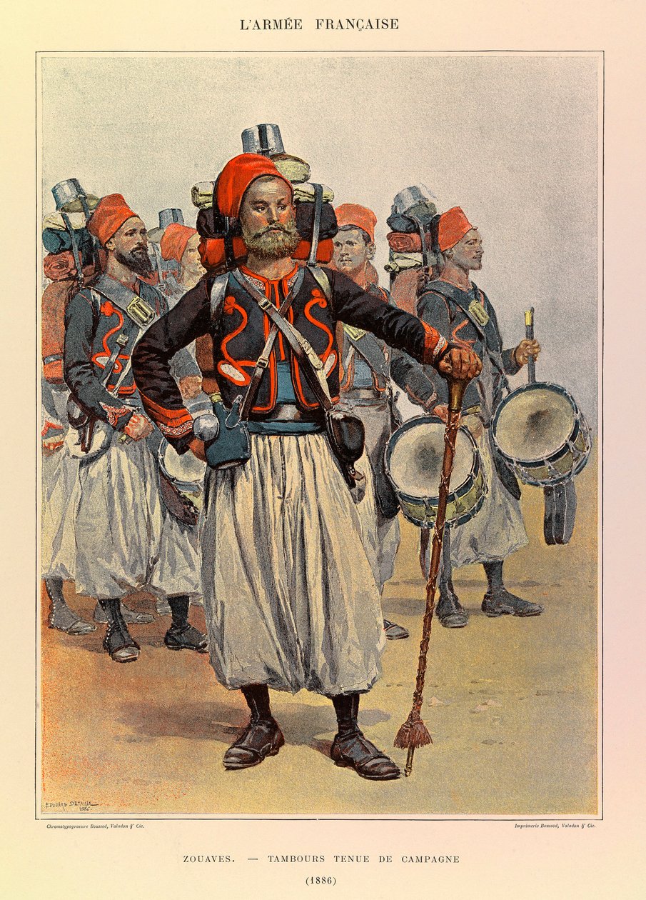 Tipos e uniformes da Armadura Francesa do Capitão Jules Richard, ilustrados por Edouard Detaille (1848-1912): Zouaves: Drum in Country Dress em 1886, Colecção Privada de Jean Baptiste Edouard Detaille