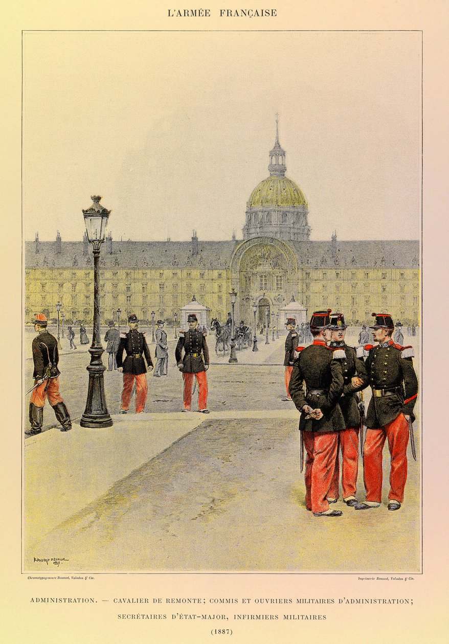Tipos e uniformes da Armadura Francesa do Capitão Jules Richard, ilustrados por Edouard Detaille (1848-1912): Administração: Cavaleiro, escrivão militar e trabalhadores administrativos, secretários de pessoal, enfermeiros militares em 1887, Colecção privad de Jean Baptiste Edouard Detaille
