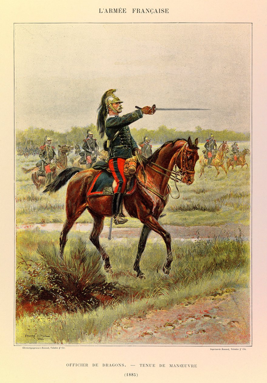 Tipos e uniformes da Armadura Francesa do Capitão Jules Richard, ilustrados por Edouard Detaille (1848-1912): Oficial de Dragões em traje de manobra em 1885, Coleção Privada de Jean Baptiste Edouard Detaille