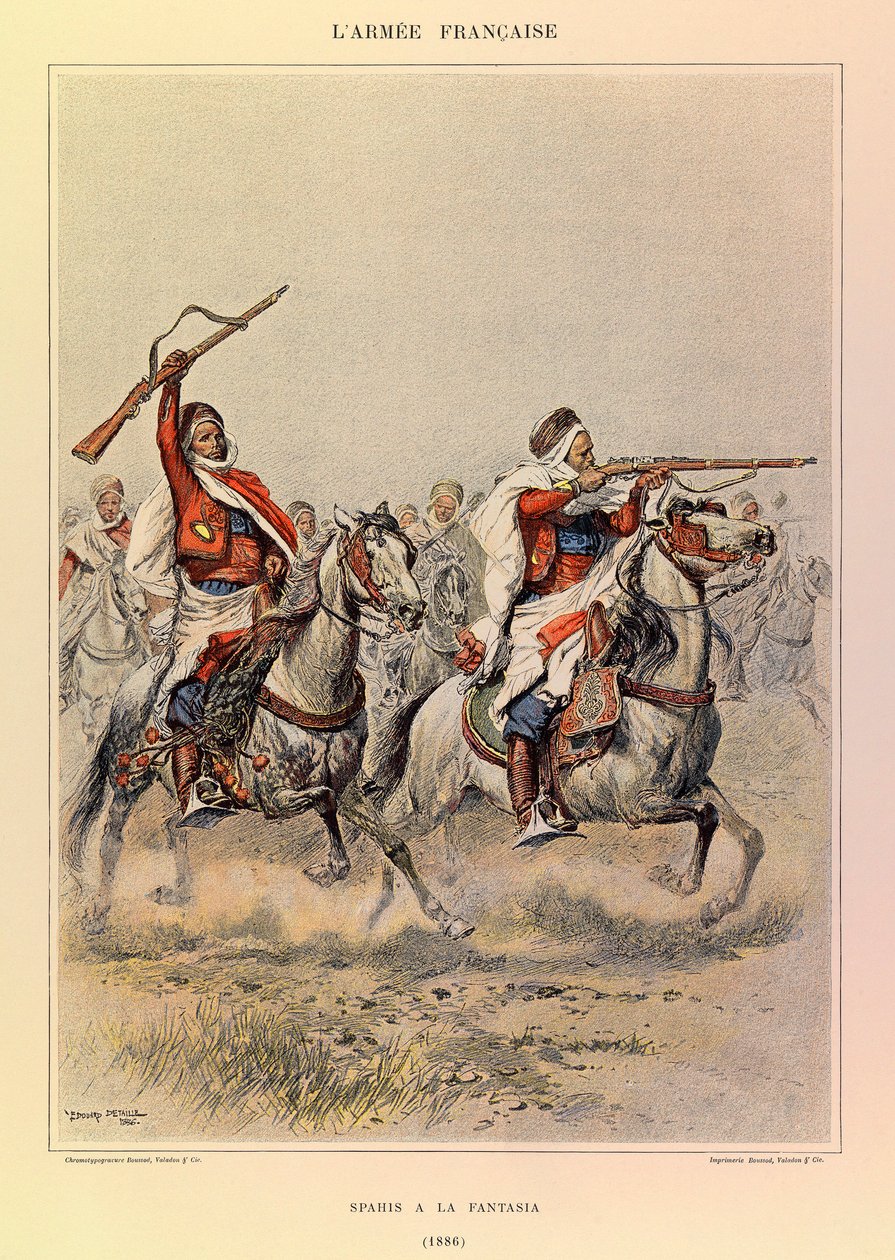 Tipos e uniformes da Armadura Francesa do Capitão Jules Richard, ilustrados por Edouard Detaille (1848-1912): Spahis a la Fantasia em 1886, Coleção Particular de Jean Baptiste Edouard Detaille
