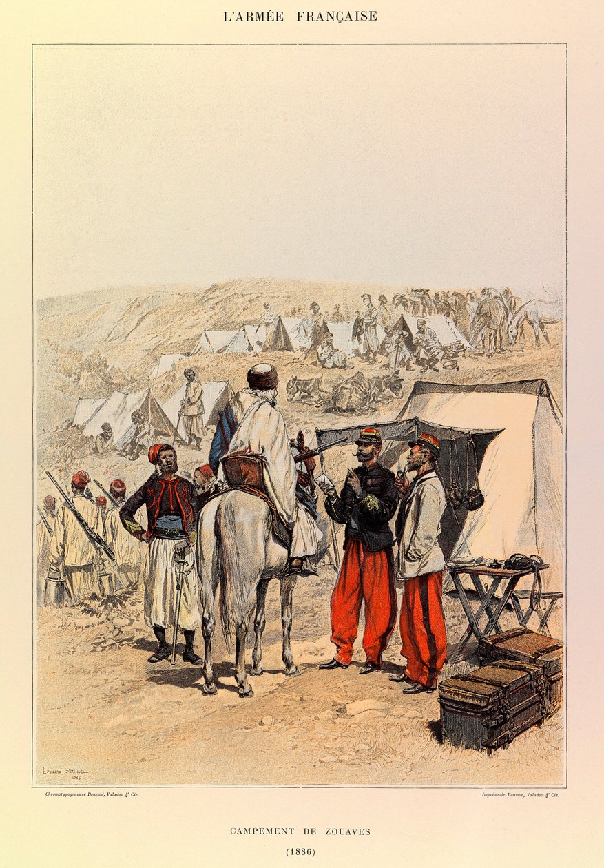 Tipos e uniformes da Armadura Francesa do Capitão Jules Richard, ilustrados por Edouard Detaille (1848-1912): Acampamento de Zouaves em 1886, Coleção Particular de Jean Baptiste Edouard Detaille