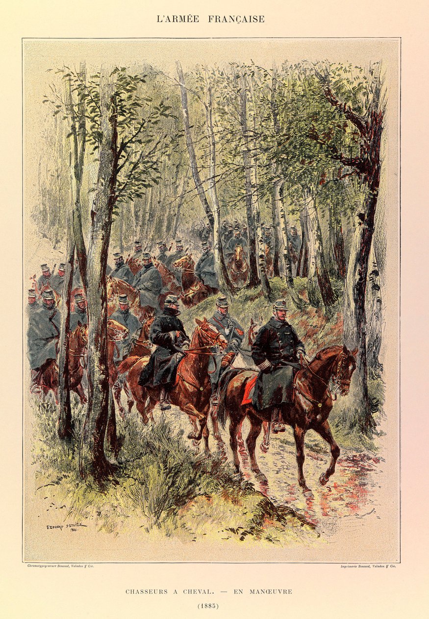 Tipos e uniformes da Arma Francesa do Capitão Jules Richard, ilustrados por Edouard Detaille (1848-1912): Caçadores um cavalo em manobras em 1885, Coleção Particular de Jean Baptiste Edouard Detaille