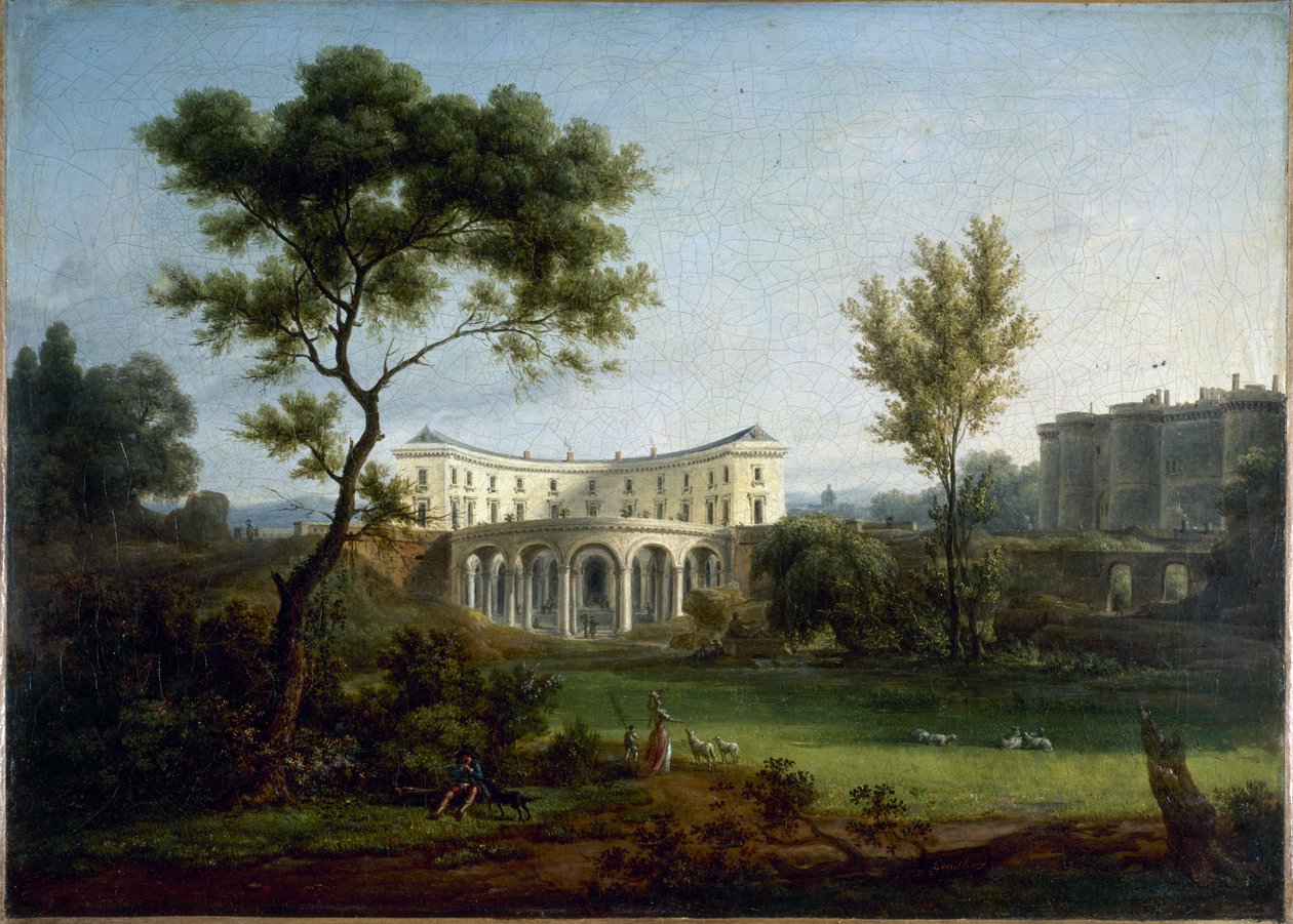 A casa de Beaumarchais e a Bastilha, ca. 1788 (óleo sobre tela) de Jean Baptiste Genillion
