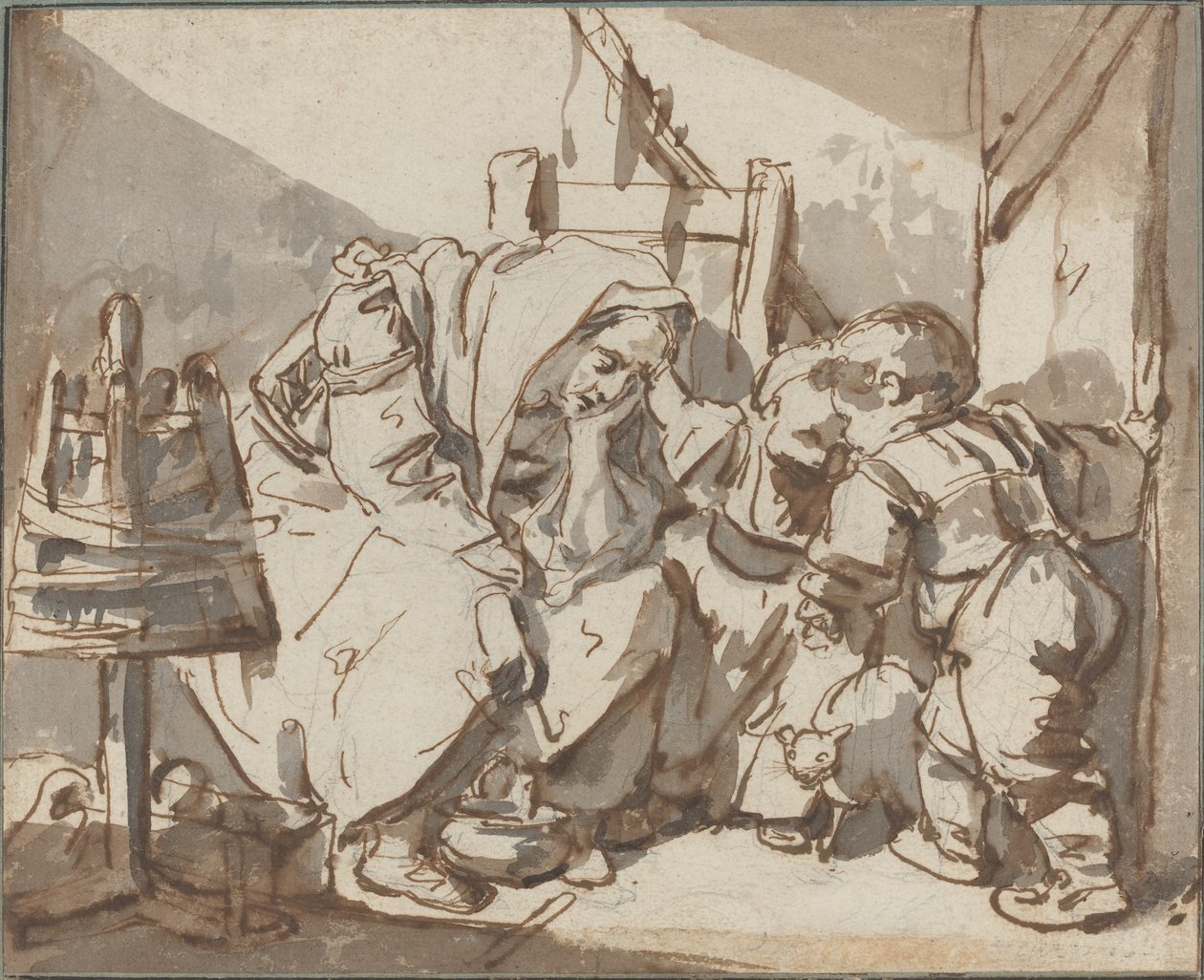 Uma mulher cansada com dois filhos de Jean Baptiste Greuze