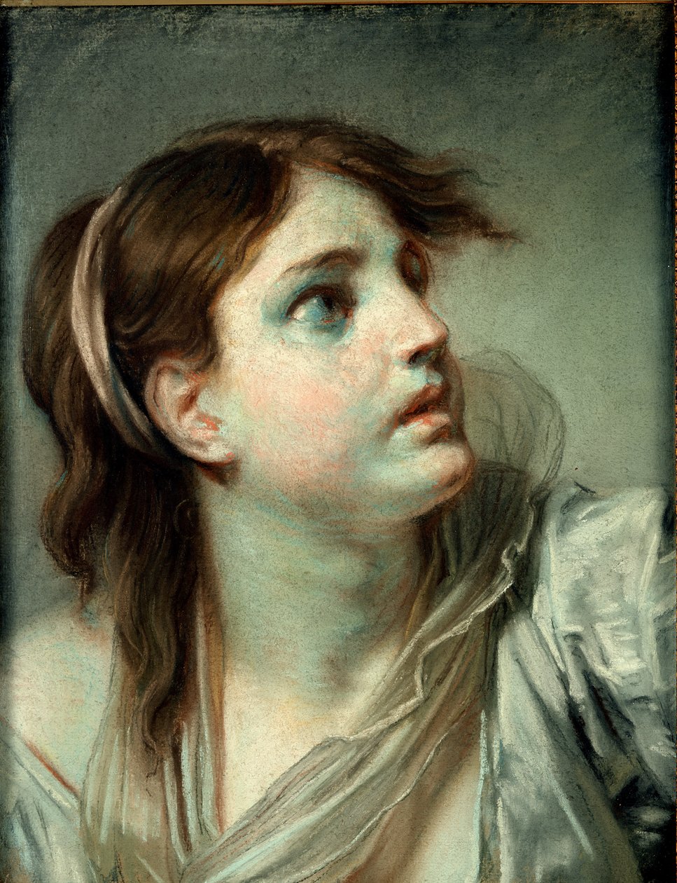 Cabeça de uma jovem garota (pastel em papel) de Jean Baptiste Greuze