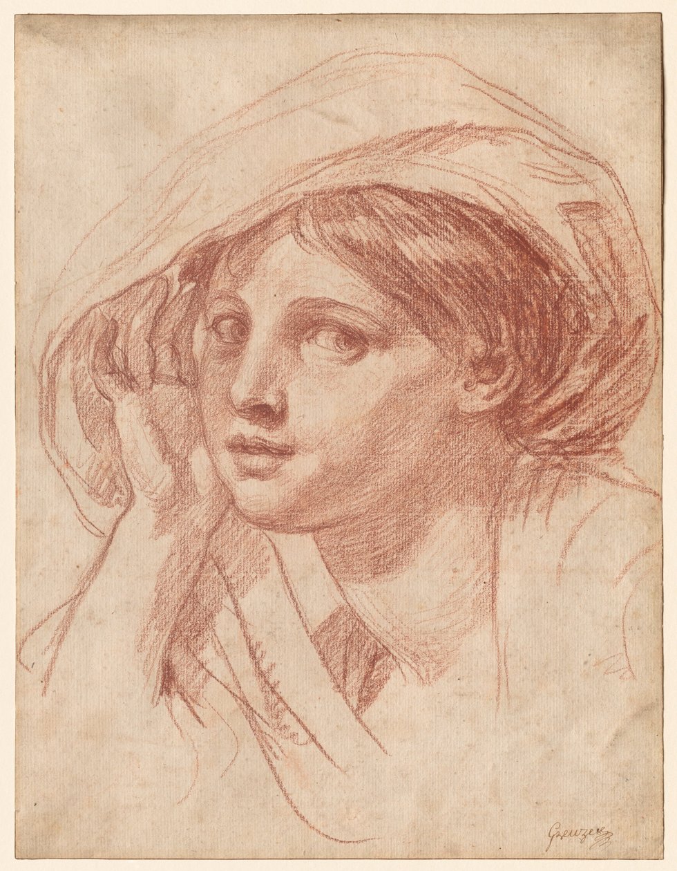 Cabeça de uma mulher jovem, c.1785 (giz vermelho sobre papel branco) de Jean Baptiste Greuze