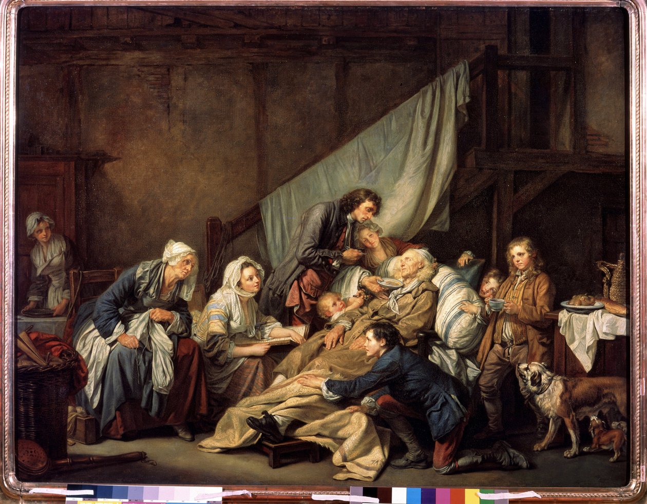 ""A Piedade Filial ou o Paralítico Resgatado pelos Seus Filhos"" (Piedade Filial (O Paralítico)) Pintura de Jean Baptiste Greuze (1725-1805) 1763 Dim. 115x146 cm Museu Hermitage, São Petersburgo de Jean Baptiste Greuze