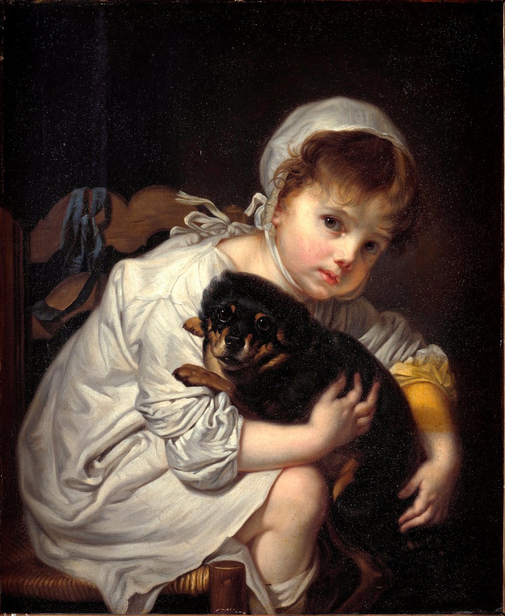 La petite fille au petit chien Pintura de Jean-Baptiste (Jean Baptiste) Greuze (1725-1805) 1769 Dim. 64x53 cm Milão, Civiche Raccolte del Castello Sforzesco de Jean Baptiste Greuze