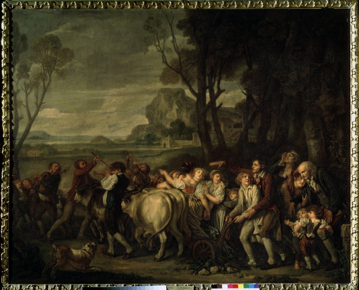 ""O primeiro sulco"" (O primeiro sulco) Festa camponesa organizada por ocasião do traçado do primeiro sulco cavado durante o início da lavoura. Pintura de Jean Baptiste Greuze (1725-1805) 1801 Museu Pushkin, Moscou de Jean Baptiste Greuze