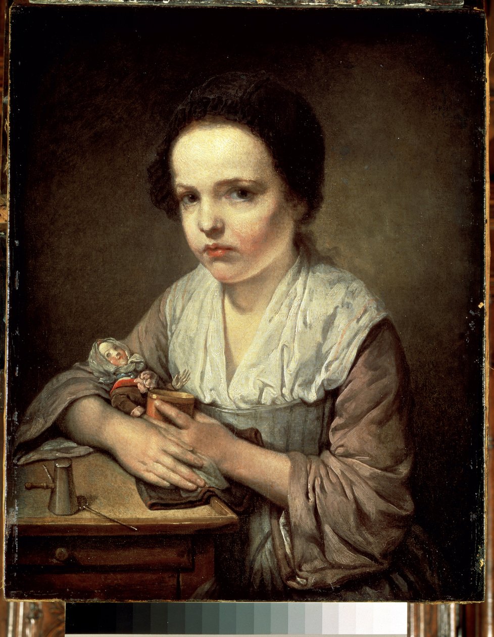 ""Petite fille a la poupee"" (Menina com uma boneca) Pintura de Jean Baptiste Greuze (1725-1805) 1750 Dim. 65x55 cm Museu Hermitage, São Petersburgo de Jean Baptiste Greuze