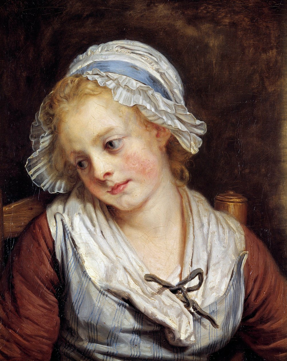 Retrato de uma primeira pintura de Jean-Baptiste Greuze (1725-1805). 1765. Dim. 0,45x0,37 m. Chantilly, Musee Conde - Retrato de uma jovem rapariga. Pintura de Jean-Baptiste Greuze (1725-1805). 1765. 0,45 x 0,37 m. Museu Conde, Chantilly, França de Jean Baptiste Greuze