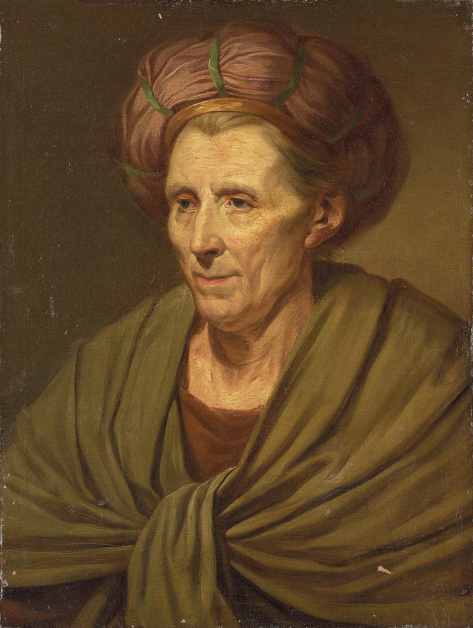 Retrato de uma mulher, comprimento do busto, com um turbante marrom e xale verde de Jean Baptiste Greuze