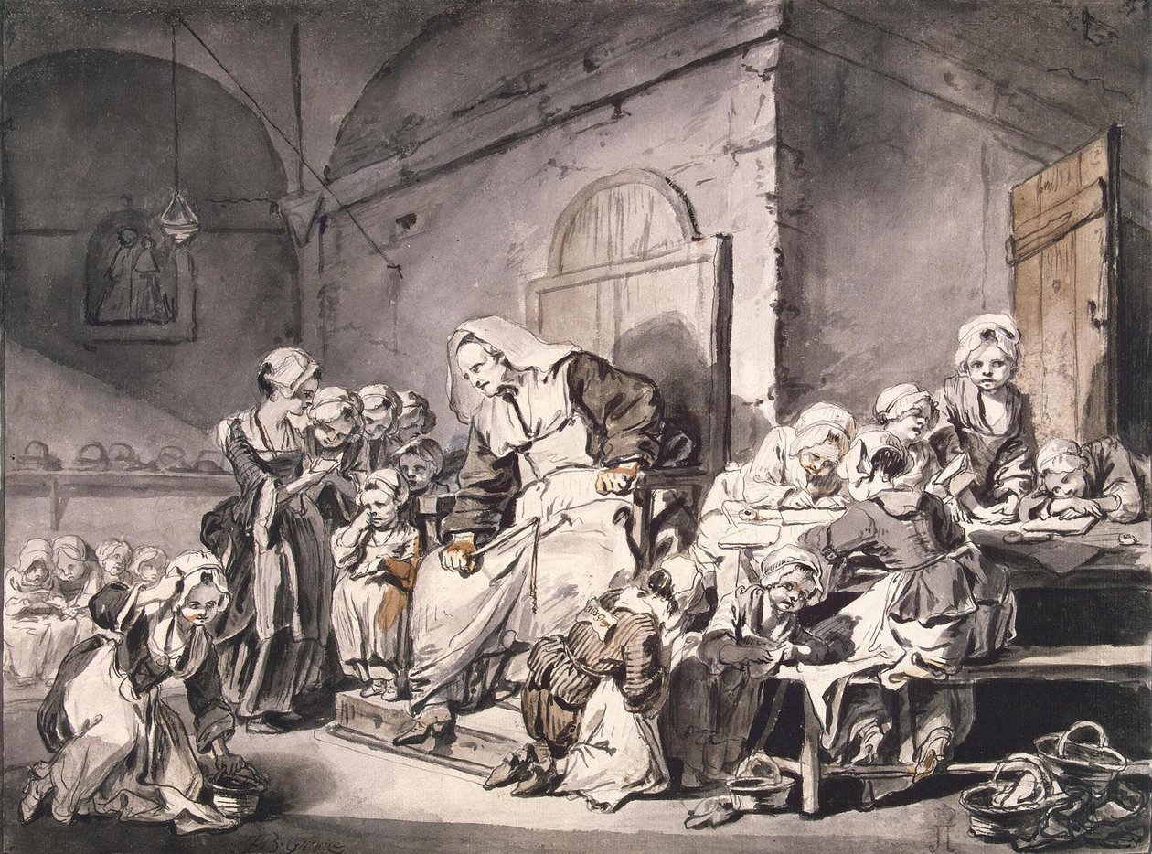 Professor da escola par Greuze, Jean-Baptiste (1725-1805). Caneta, pincel, cinza e marrom, aquarela sobre papel, tamanho : 27,8x33,8, ca 1764-1765, Estado Hermitage, São Petersburgo. de Jean Baptiste Greuze