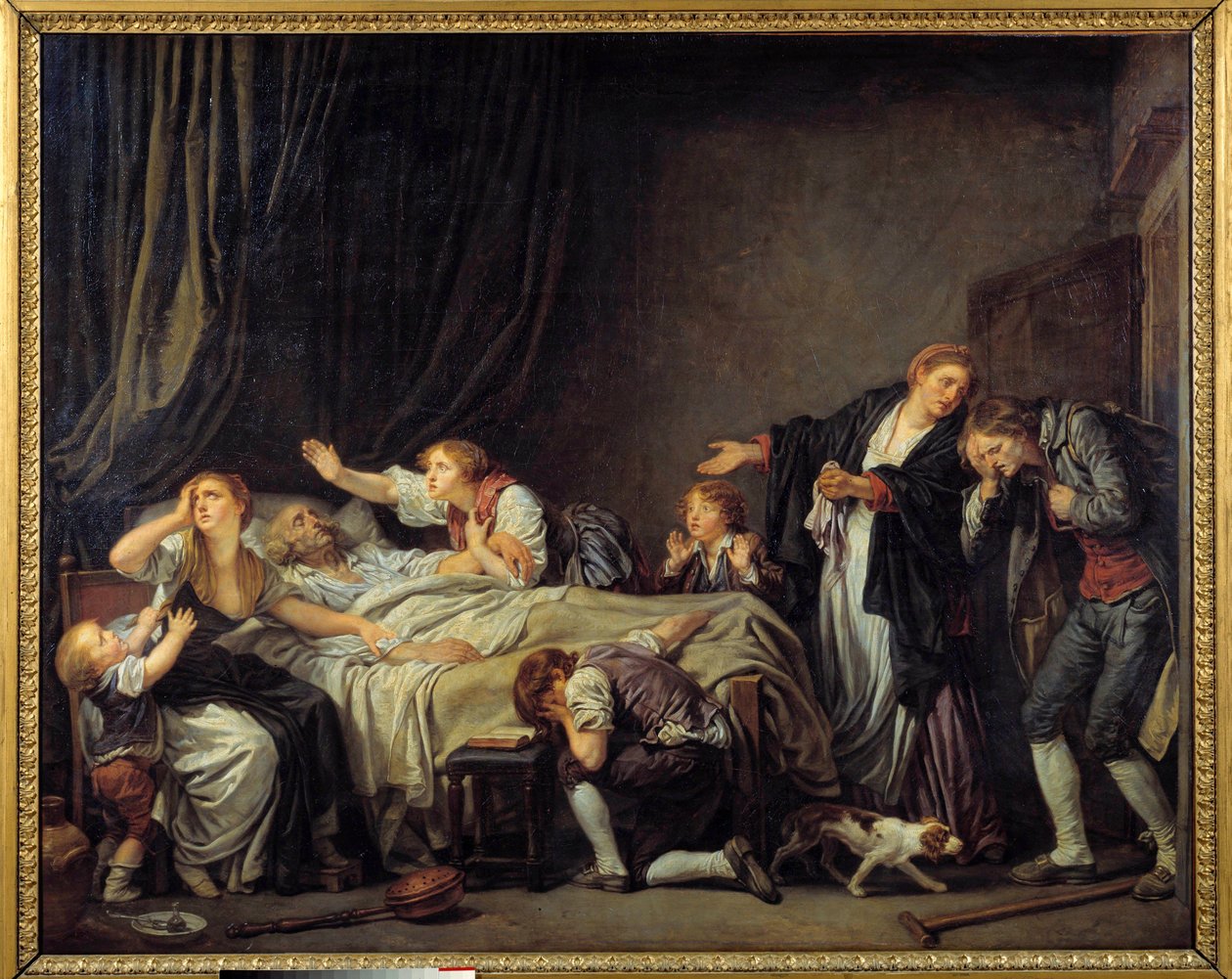 Filho castigado O filho volta para casa e encontra a sua família a chorar à beira da cama do pai morto. Pintura de Jean Baptiste Greuze (1725-1805) 1778 Sol. 1,3x1,63 m de Jean Baptiste Greuze