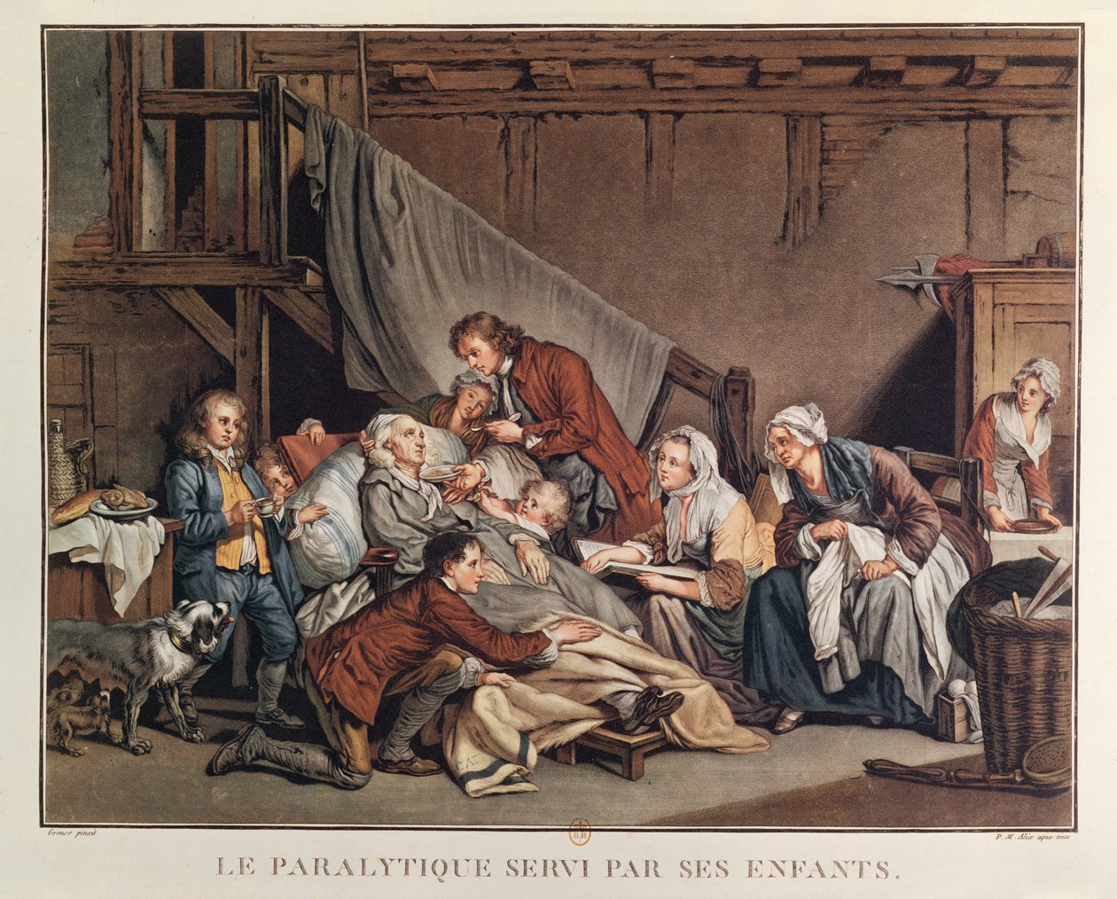 O homem paralítico ajudado por seus filhos, gravado por Alix, c.1800 de Jean Baptiste Greuze