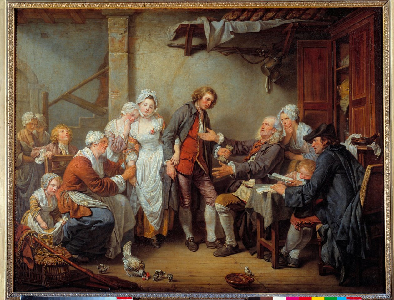 O acordee da aldeia O pai da noiva dá o dote ao seu genro. Pintura de Jean Baptiste Greuze (1725-1805). 1761 Sol. 0,92 x 1,17 m. de Jean Baptiste Greuze