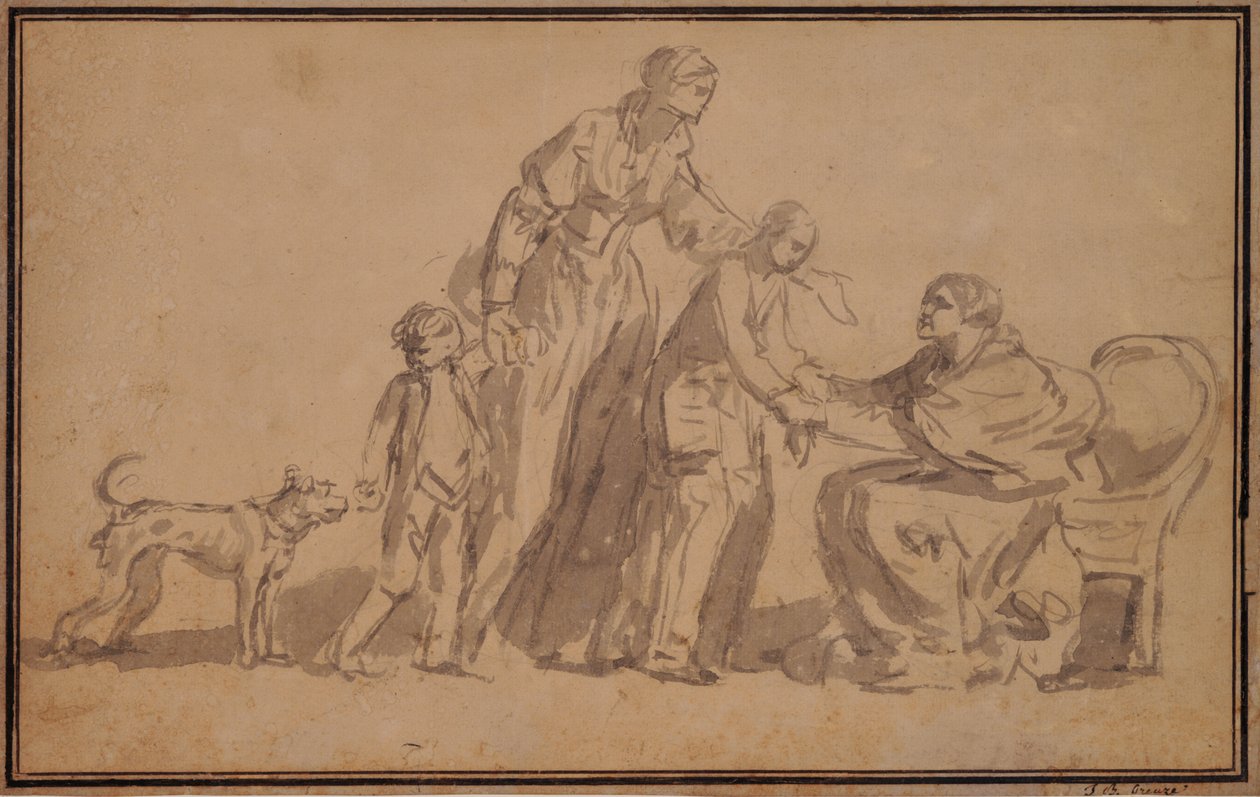 Duas crianças e mãe acolhidas por uma enfermeira idosa de Jean Baptiste Greuze