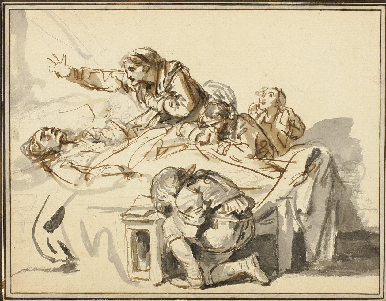 Mulheres e crianças lamentando um homem morto de Jean Baptiste Greuze