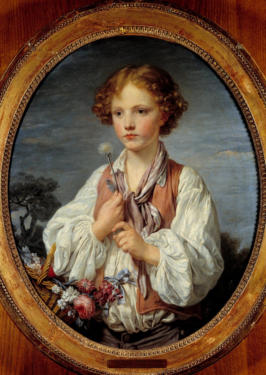 Menino na cesta de flores por Jean Baptiste Greuze (1725-1805) 1761 de Jean Baptiste Greuze