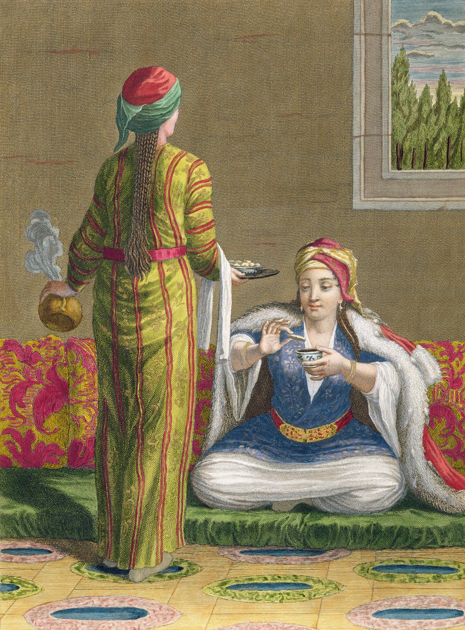 Garota turca, tomando café no sofá, do século XVIII de Jean Baptiste Haussard