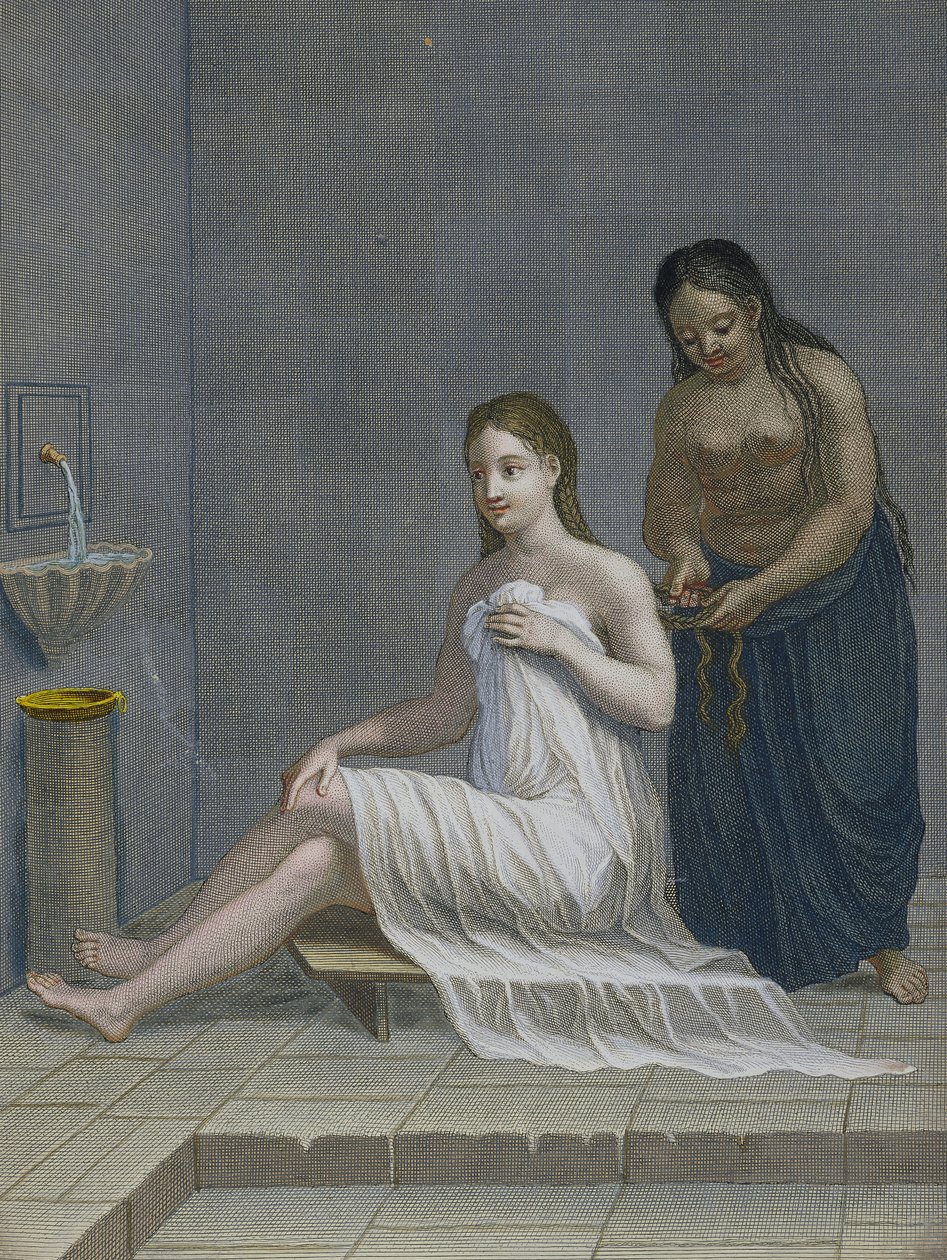 Garota turca, tendo seu cabelo trançado nos banhos, século XVIII de Jean Baptiste Haussard