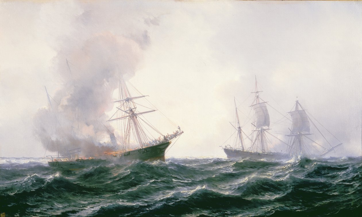 Um navio em chamas no mar, com outro em pé de Jean Baptiste Henri Durand Brager