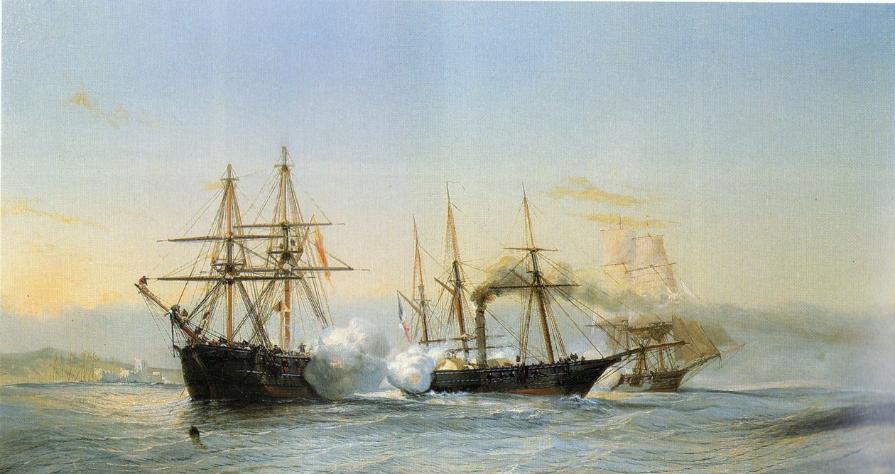 Batalha naval em frente à costa marroquina entre dois brigues marroquinos e uma corveta francesa por ocasião do bombardeamento de Mogador pela esquadra francesa em 1844. de Jean Baptiste Henri Durand Brager