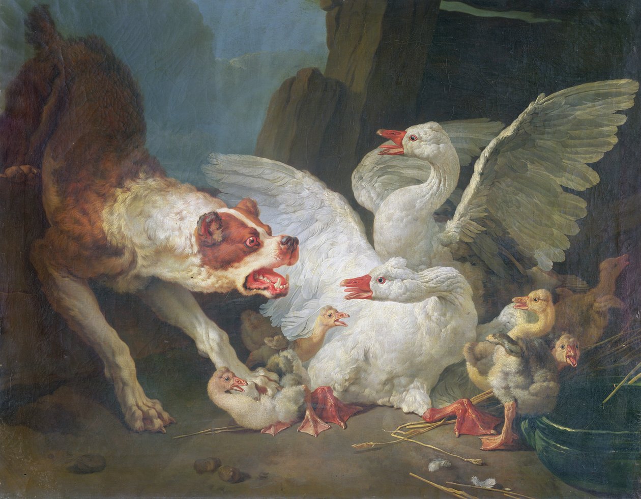Um cão atacando gansos, 1769 de Jean Baptiste Huet
