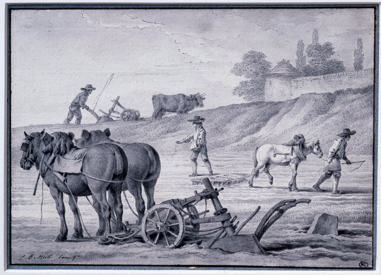 Agricultura: cena da lavoura. Desenho de Jean Baptiste Huet (1745-1811) Paris do século XVIII, Museu do Louvre de Jean Baptiste Huet