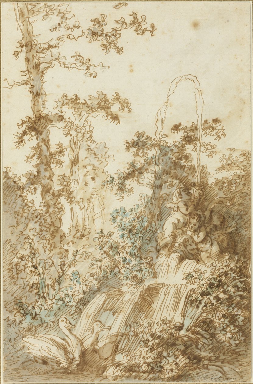 Capriccio com fonte e cisnes brincando de Jean Baptiste Huet