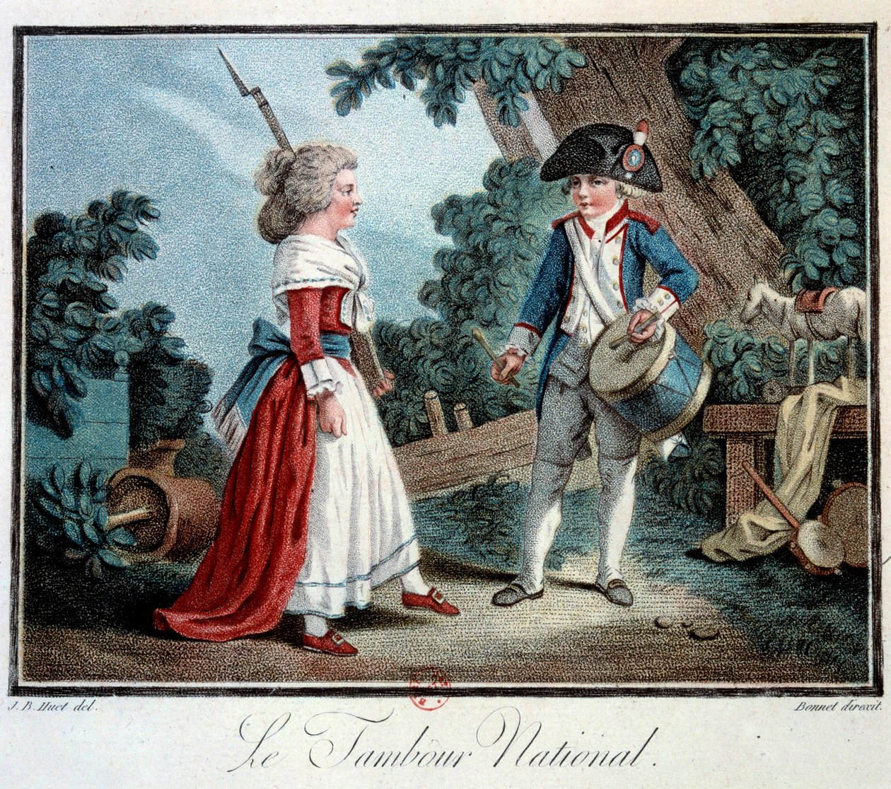 Revolução Francesa: "Le tambour national" Duas crianças pequenas se degeneram como revolucionárias. Litografia de Jean Baptiste Huet (1745-1811) Paris do século XVIII, Artes Decorativas de Jean Baptiste Huet
