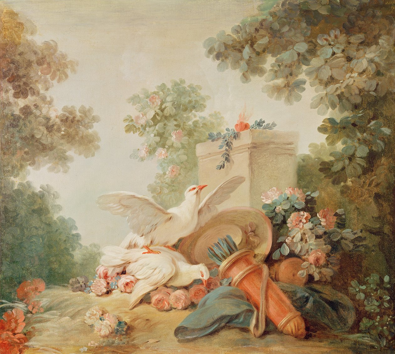Salão do Print-maker Gilles Demarteau, acima da porta: pombas, um quiver e um chapéu de palha, c.1750-65 de Jean Baptiste Huet