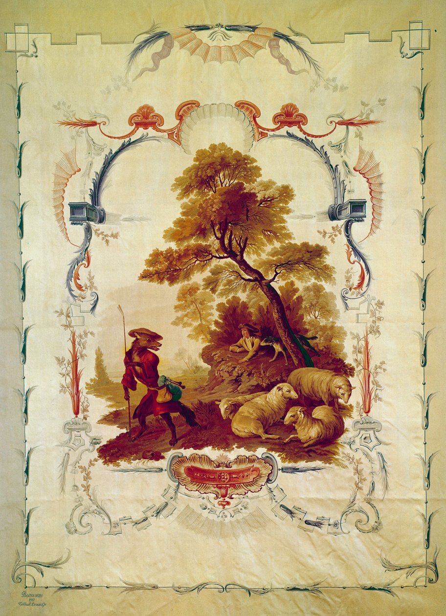 O lobo tornou-se pastor Ilustração para a fábula de Jean de La Fontaine. Tapeçaria de Jean Baptiste Huet (1745-1811) feita nas fábricas de Beauvais. Paris do século XVIII, mobiliário nacional. de Jean Baptiste Huet