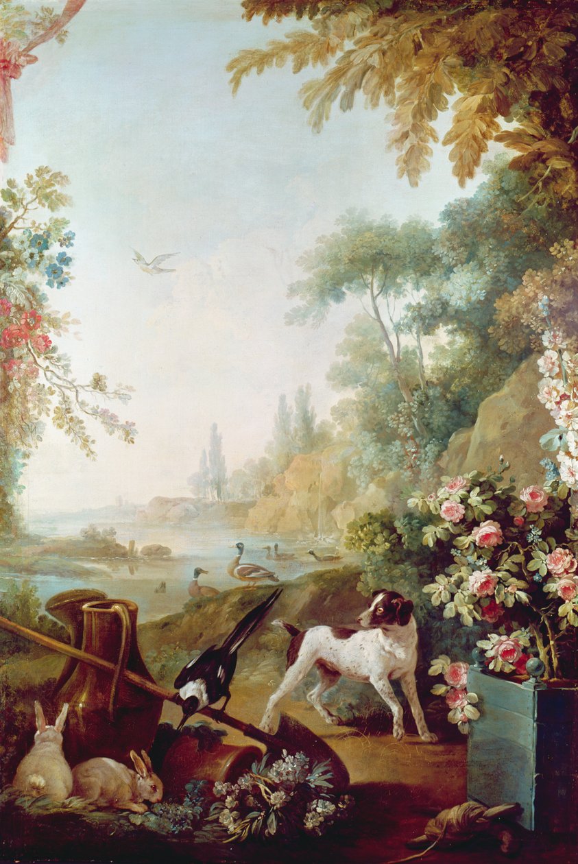 Dois Coelhos, uma Pega e um Cachorro, do Salão de Gilles Demarteau (1722-76) de Jean Baptiste Huet