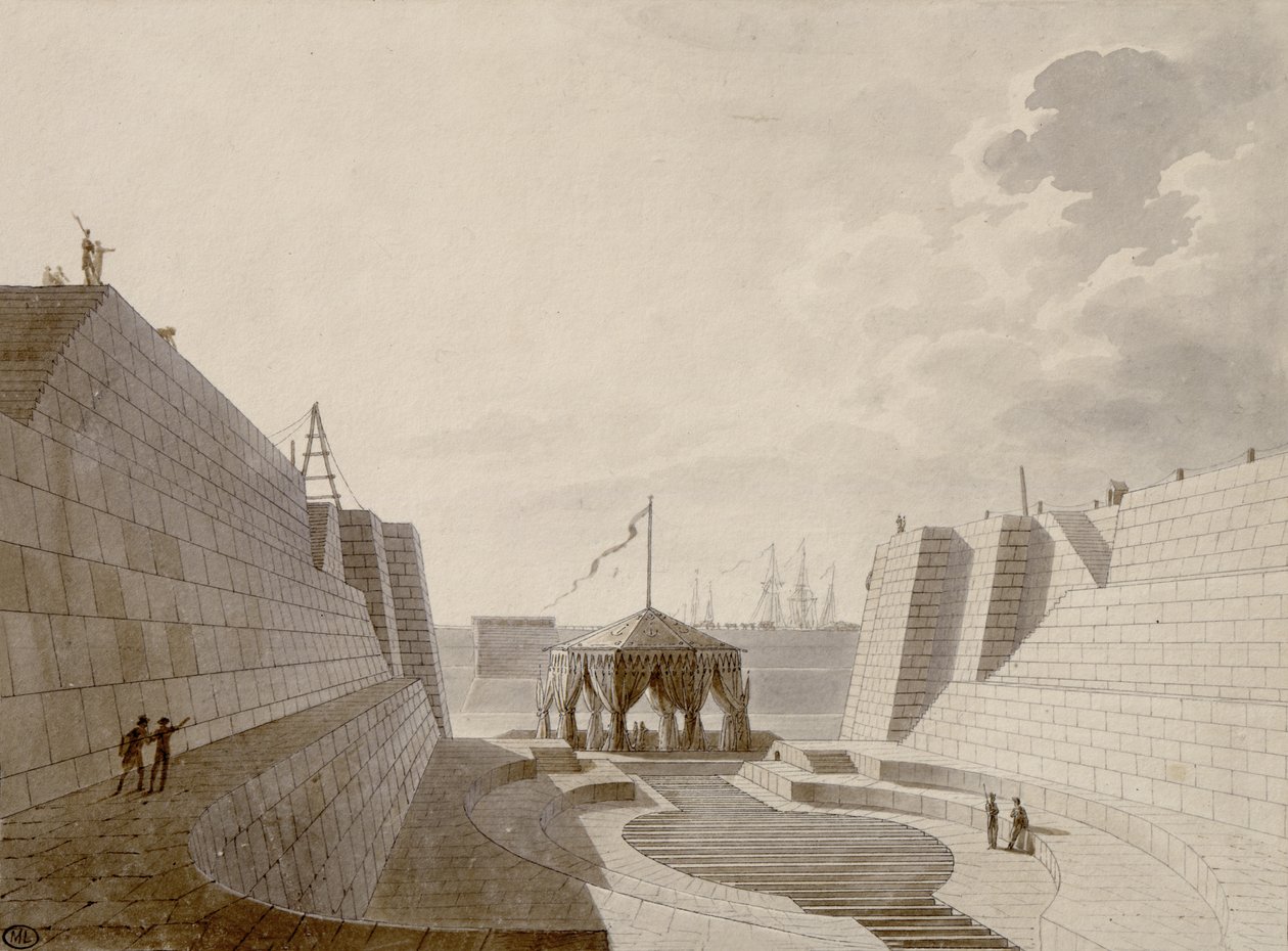 Doca seca em Cherbourg, em julho de 1813 (caneta, tinta e wc no papel) de Jean Baptiste Isabey