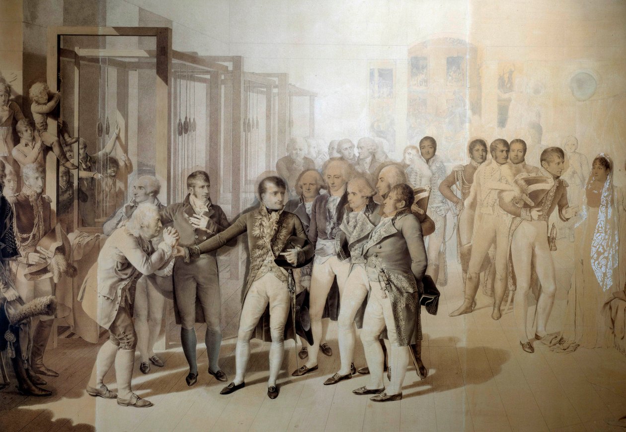 Napoleão Bonaparte (1769-1821), Primeiro Cônsul, na presença de Josefina de Beauharnais, visita a fábrica de veludo dos irmãos Sevene em Rouen, novembro de 1802 Desenho na lavagem de Jean Baptiste Isabey (1767-1855) 1804 Sol. 1,24x1,76 m Versailles, mu de Jean Baptiste Isabey