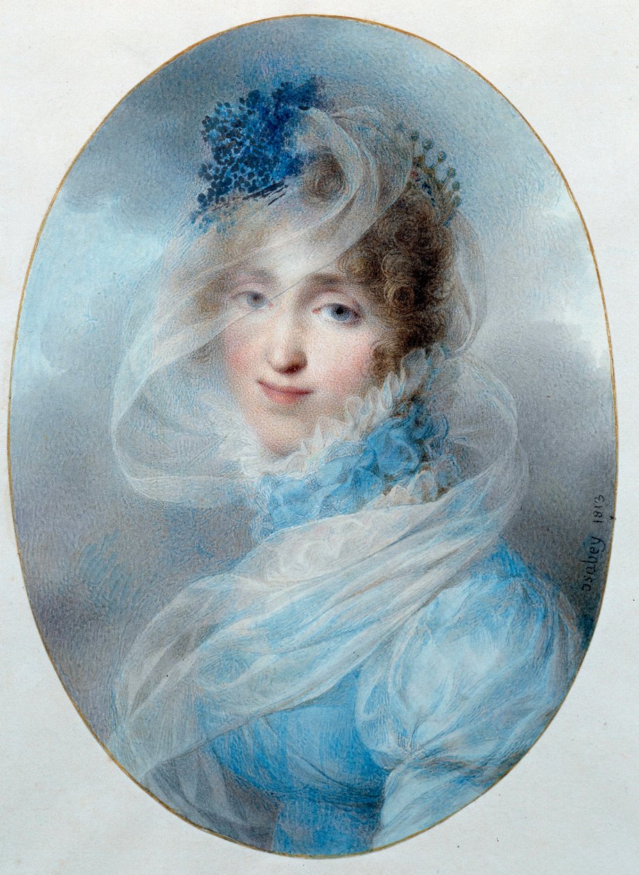 Retrato da Rainha Hortense de Beauharnais (1783-1837) Ela é filha da Imperatriz Josefina de Beauharnais e a mãe do futuro Napoleão III. Aguarela de Jean Baptiste Isabey (1767-1855) 1813 Sol. 0,13x0,95 m Malmaison, musee du chateau de Jean Baptiste Isabey
