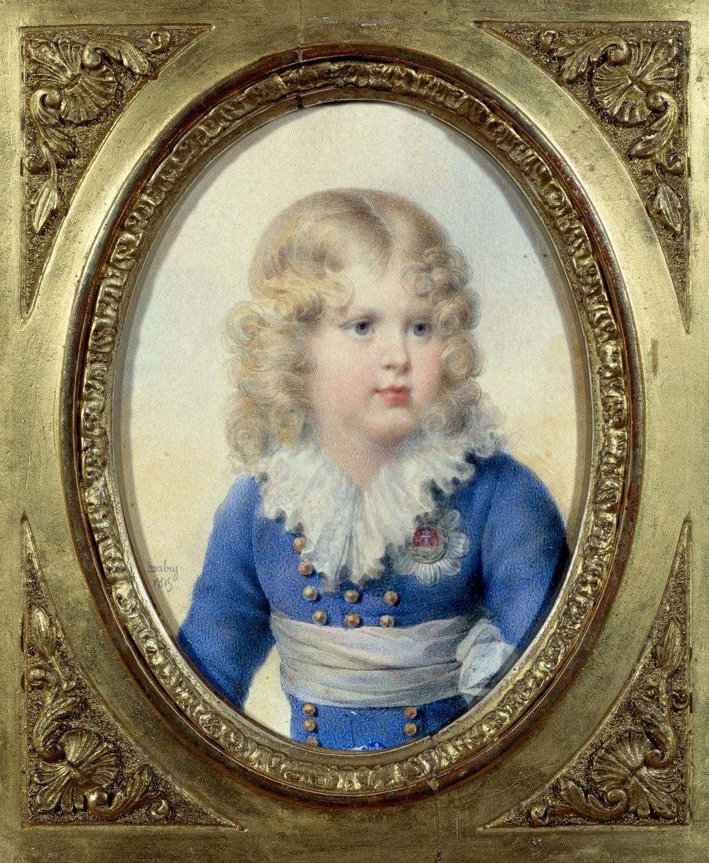 O Rei de Roma e Príncipe de Parma Napoleão II, Duque de Reichstadt (1811-1832) filho do Imperador Napoleão I (1769-1821) em vestido azul" Aguarela de João Batista Isabey (1767-1855) 1815 Sol. 0,1x0,14 m Malmaison, museu do castelo de Jean Baptiste Isabey
