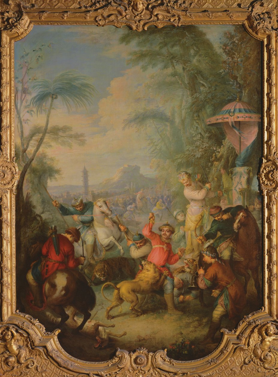 Caça ao Leão e Tigre na China de Jean Baptiste Joseph Pater
