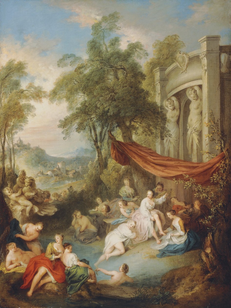 Ninfas tomando banho em uma piscina por uma loggia, de Jean Baptiste Joseph Pater