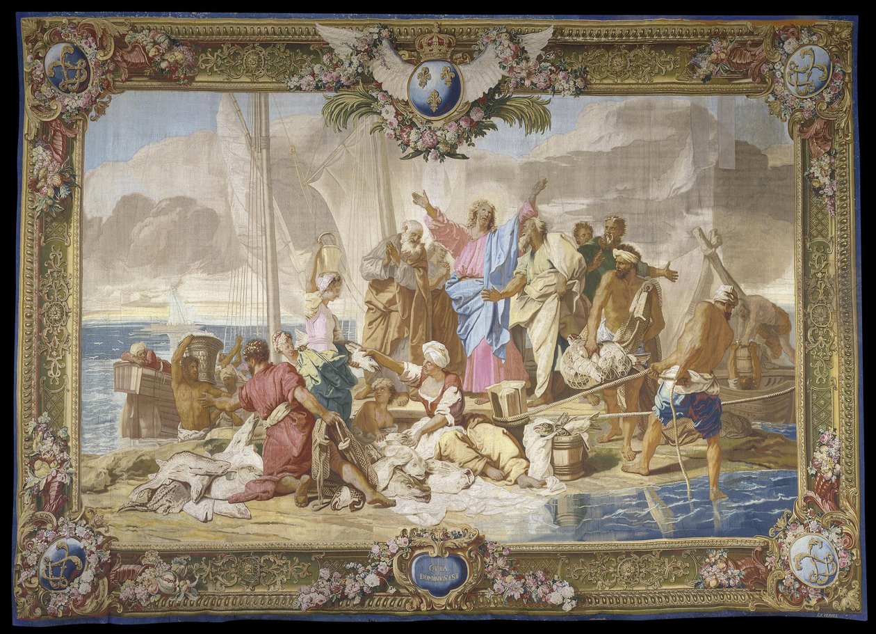 "La Peche miraculeuse" Novo Testamento tapeçaria em lã e seda Fabricação royale des Gobelins, oficina de Jean Lefebvre, depois de Jean Jouvenet (1644-1717) de Jean Baptiste Jouvenet