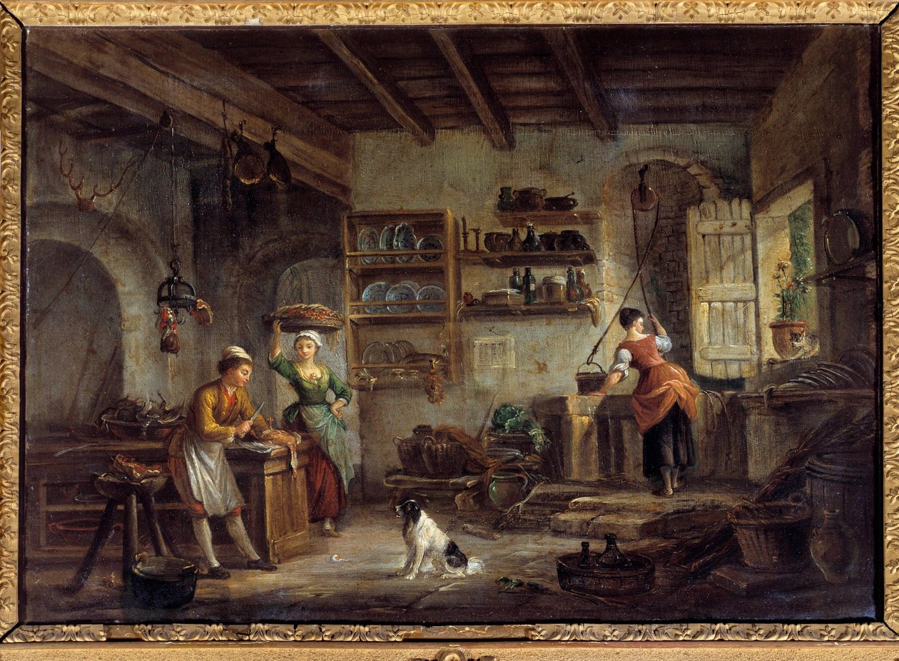 Um interior de cozinha Cozinheiros e empregadas preparando as refeições do seu mestre. Pintura de Jean Baptiste Lallemant (1710-1803) Século XVIII Bourg en bresse, Musee de Brou de Jean Baptiste Lallemand
