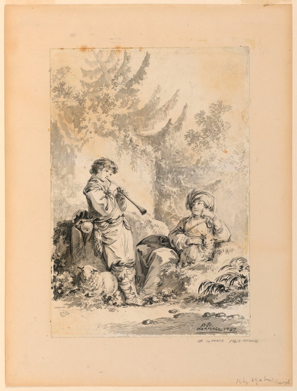 Desenho, Rapaz pastor e pastora numa paisagem, 1767 de Jean Baptiste Le Prince