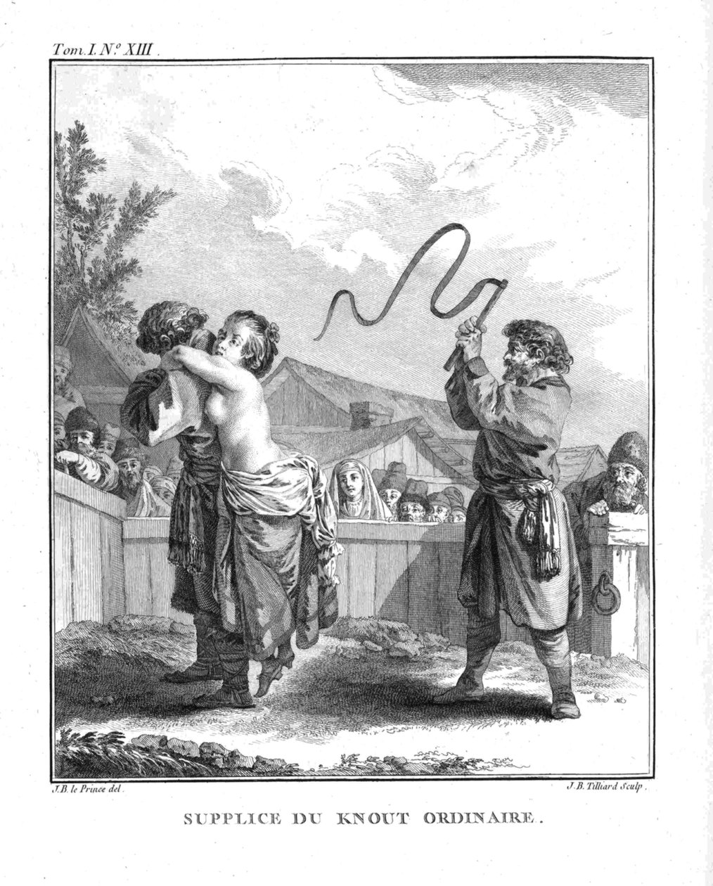 Punição de Natalia Fyodorovna Lopukhina com um knout comum. De Voyage en Sibérie, 1766 de Jean Baptiste Le Prince