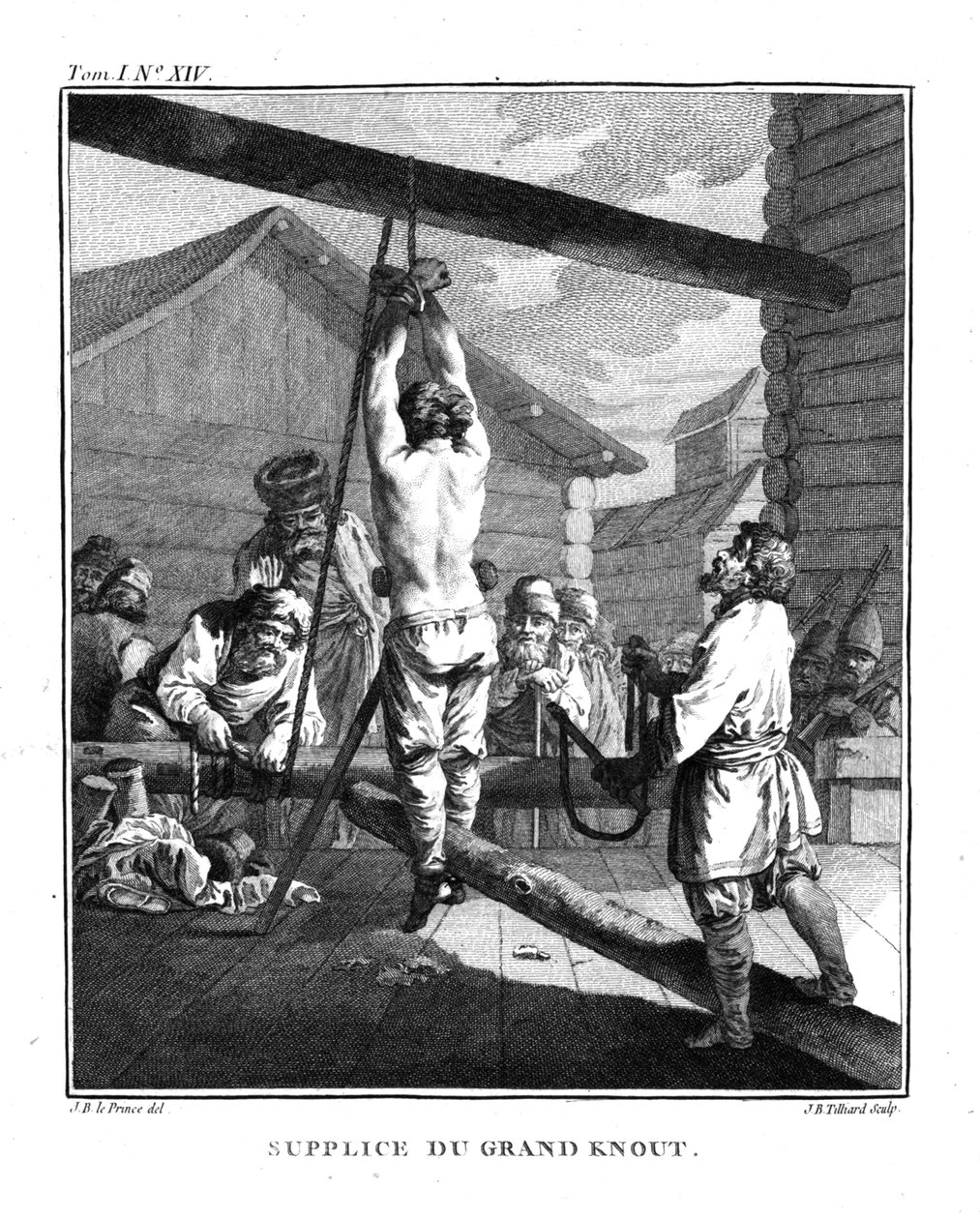 Punição com um grande knout. De Voyage en Sibérie, 1766 de Jean Baptiste Le Prince