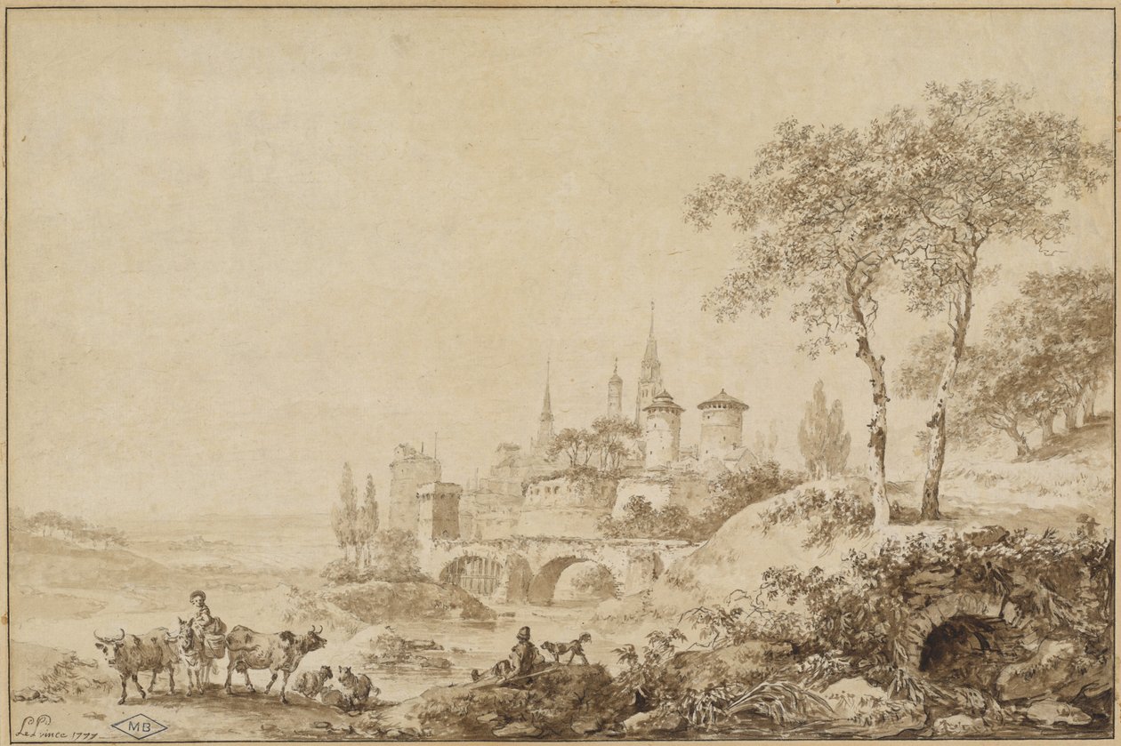 Pastores em uma paisagem antes de uma cidade fortificada de Jean Baptiste Le Prince