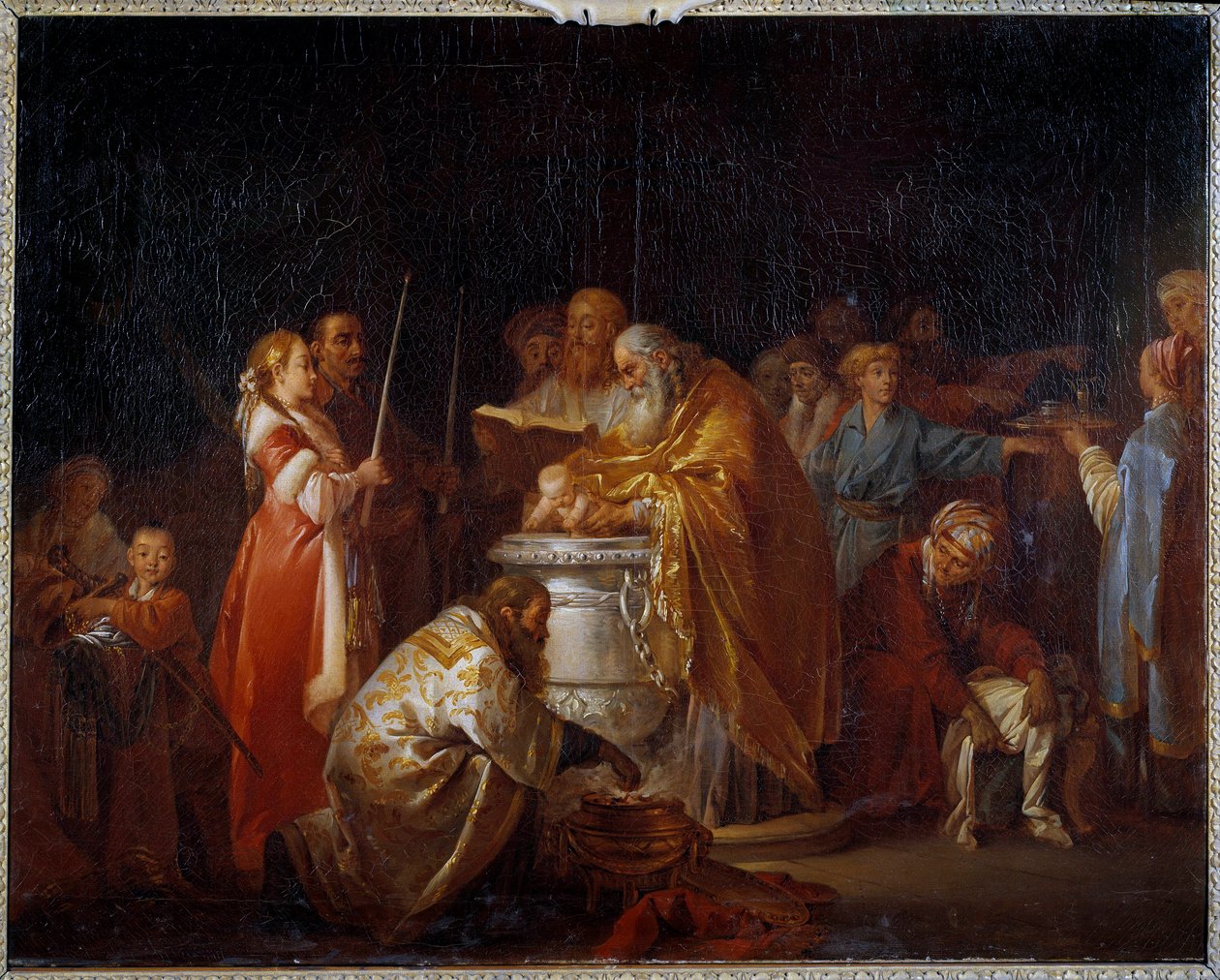 Batismo russo Um papa ortodoxo batiza uma criança na frente de seus pais. Pintura de Jean Baptiste Leprince (1733-1781) 1765 Sol. 0,73x0,92 m de Jean Baptiste Leprince