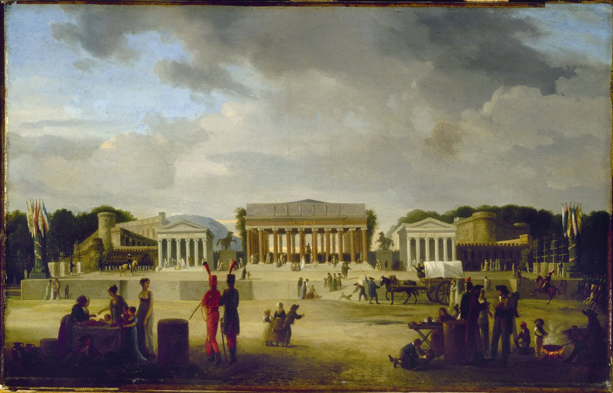 Vista do grande teatro elevado sobre a praça da Concórdia para a festa da Paz, o 18º Brumário, ano X (9 de novembro de 1801), em 1801 (óleo sobre madeira) de Jean Baptiste Louis Cazin