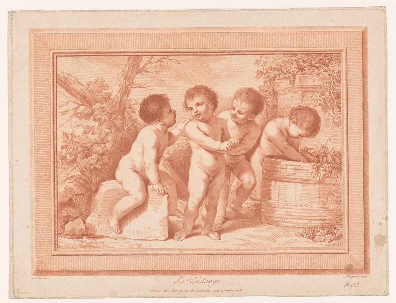 Quatro putti com um barril de vinho La Vendange (título no objeto) de Jean Baptiste Lucien